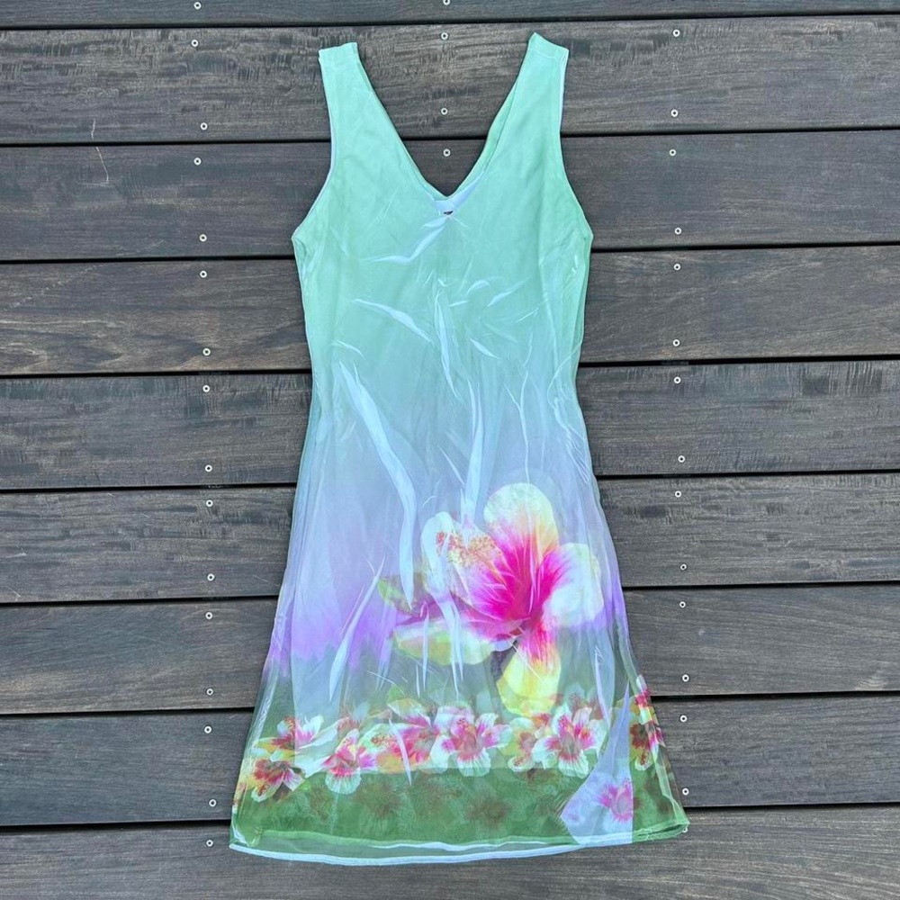 RARE Vintage Y2K Just in Time Green w/ Pink Floral Mini Dress w/ Mesh Overlay